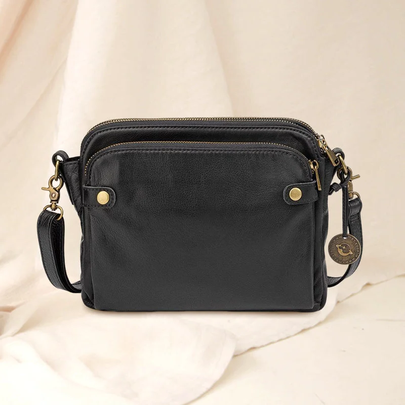 Three-Layer Crossbody Leather Shoulder Bag & Clutch - Black image