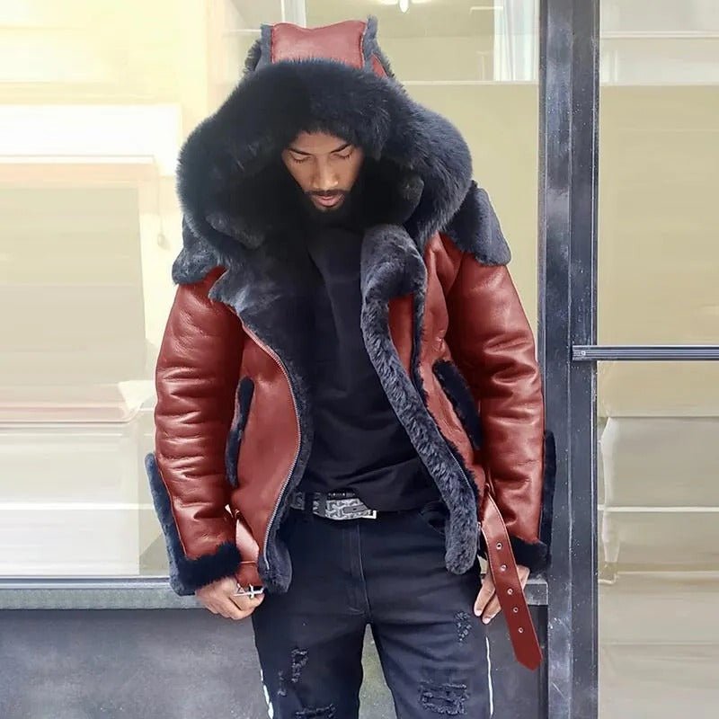 Sheepskin Leather Jacket | Man Winter Fur Hood Coat Motorcycle Jackets - Red, 2XL image