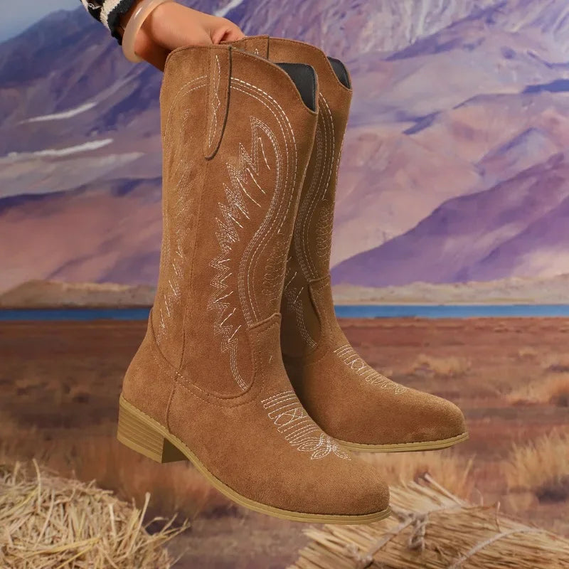 Western Embroidered Knight Cowboy Boots for Women – Retro Round Toe Mid-Calf