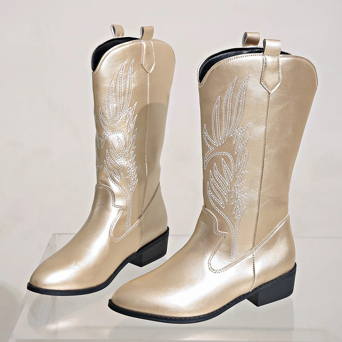 Mid-Calf Women’s Western Cowboy Boots Pointed Toe Retro Fashion