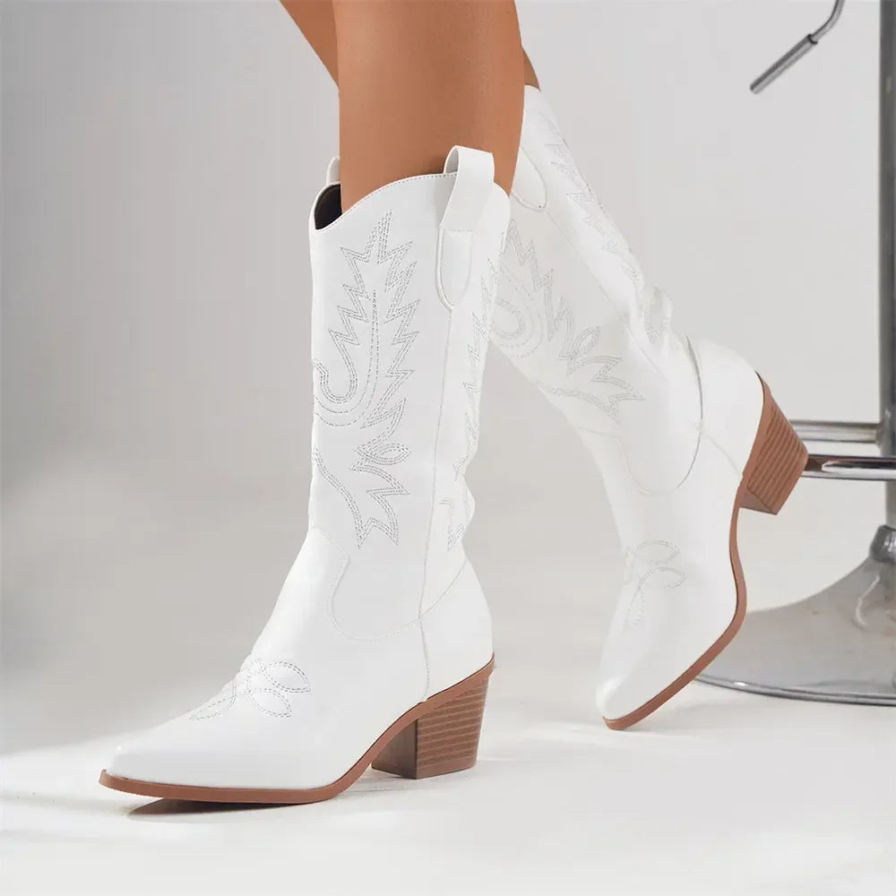 Women’s Western Cowboy Boots – Handcrafted Mid-Calf with Block Heel