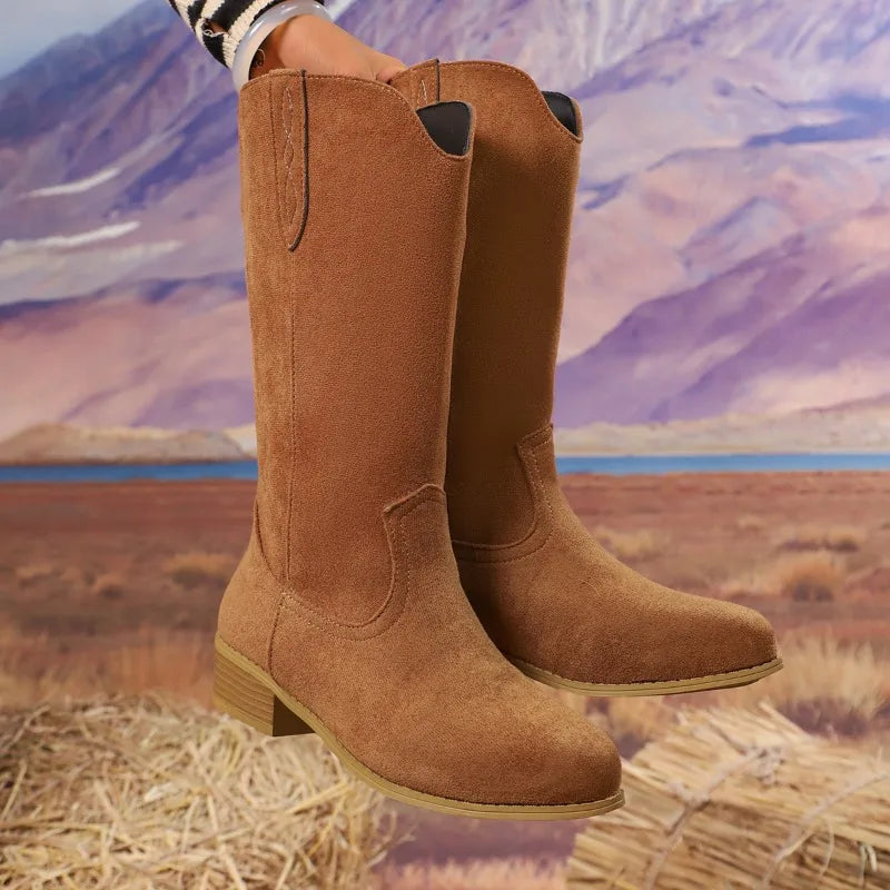 Western Embroidered Knight Cowboy Boots for Women – Retro Round Toe Mid-Calf
