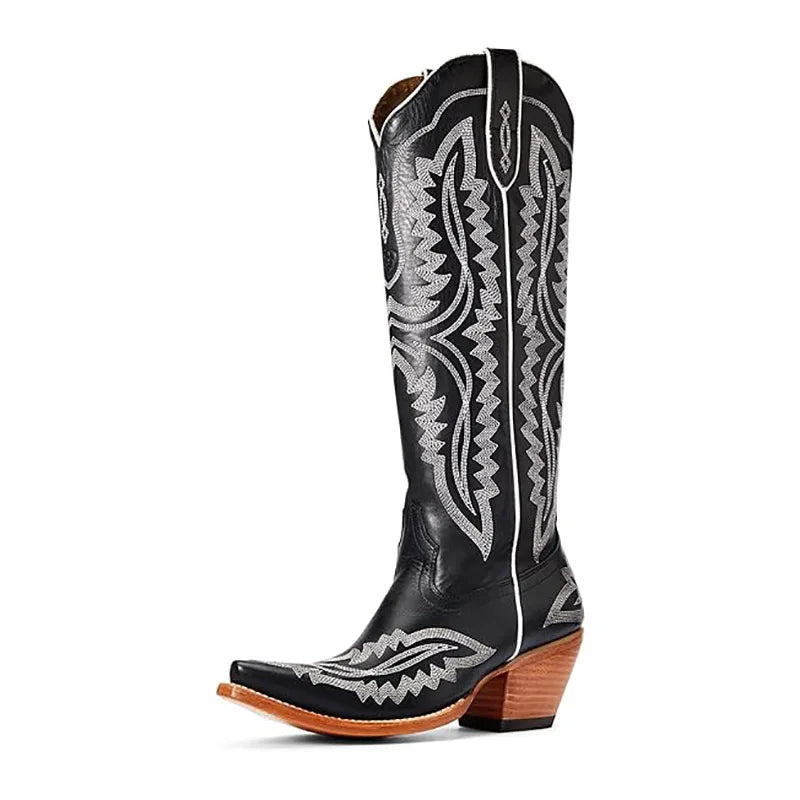 Women’s High-Top Western Cowboy Booties – Pointed Toe Thin Heel