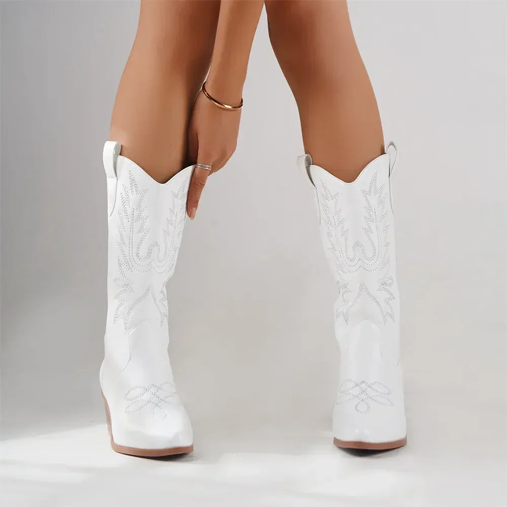 Women’s Western Cowboy Boots – Handcrafted Mid-Calf with Block Heel