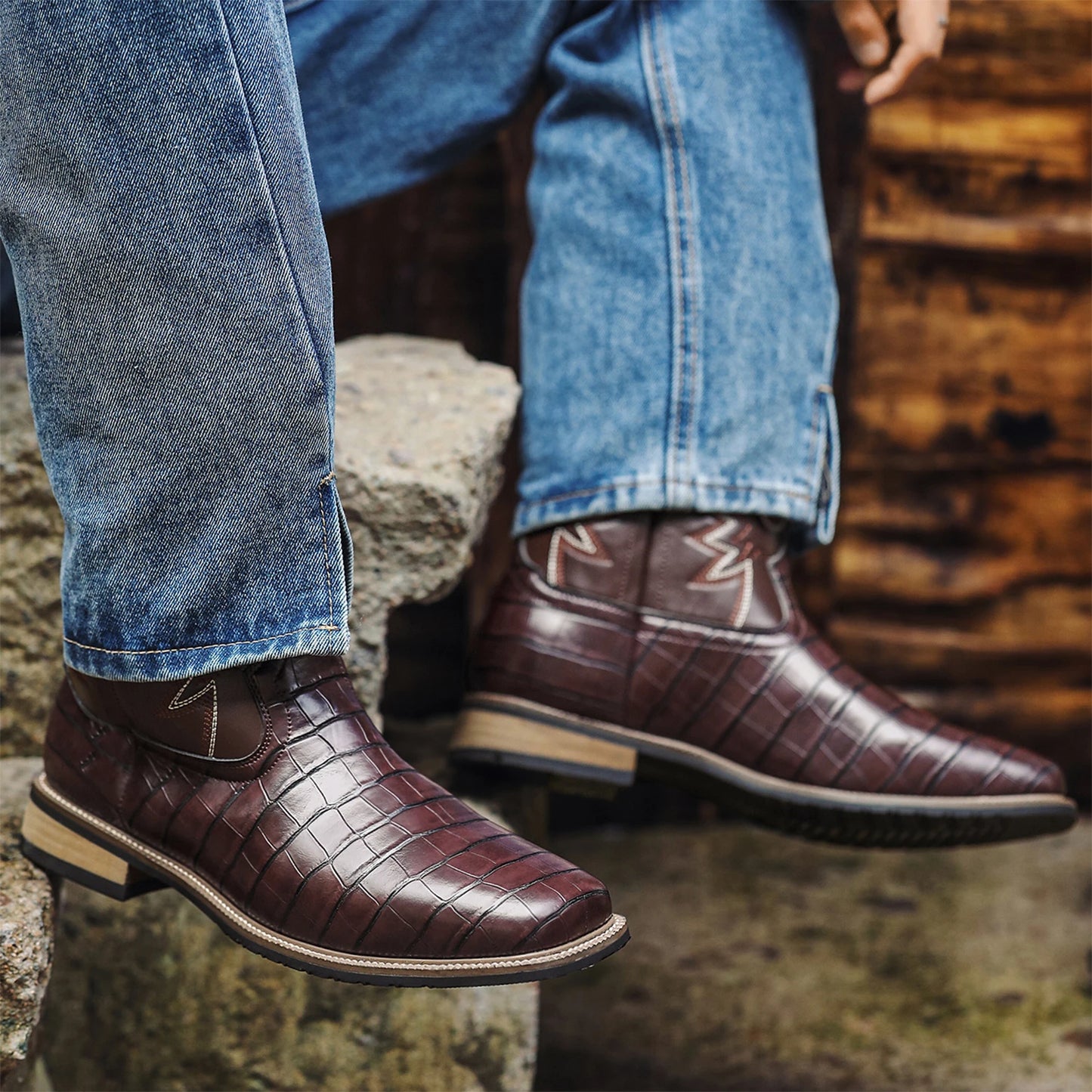 Men’s Western Cowboy Boots – Embroidered Mid-Calf Leather Boots with Square Toe & Chunky Heel