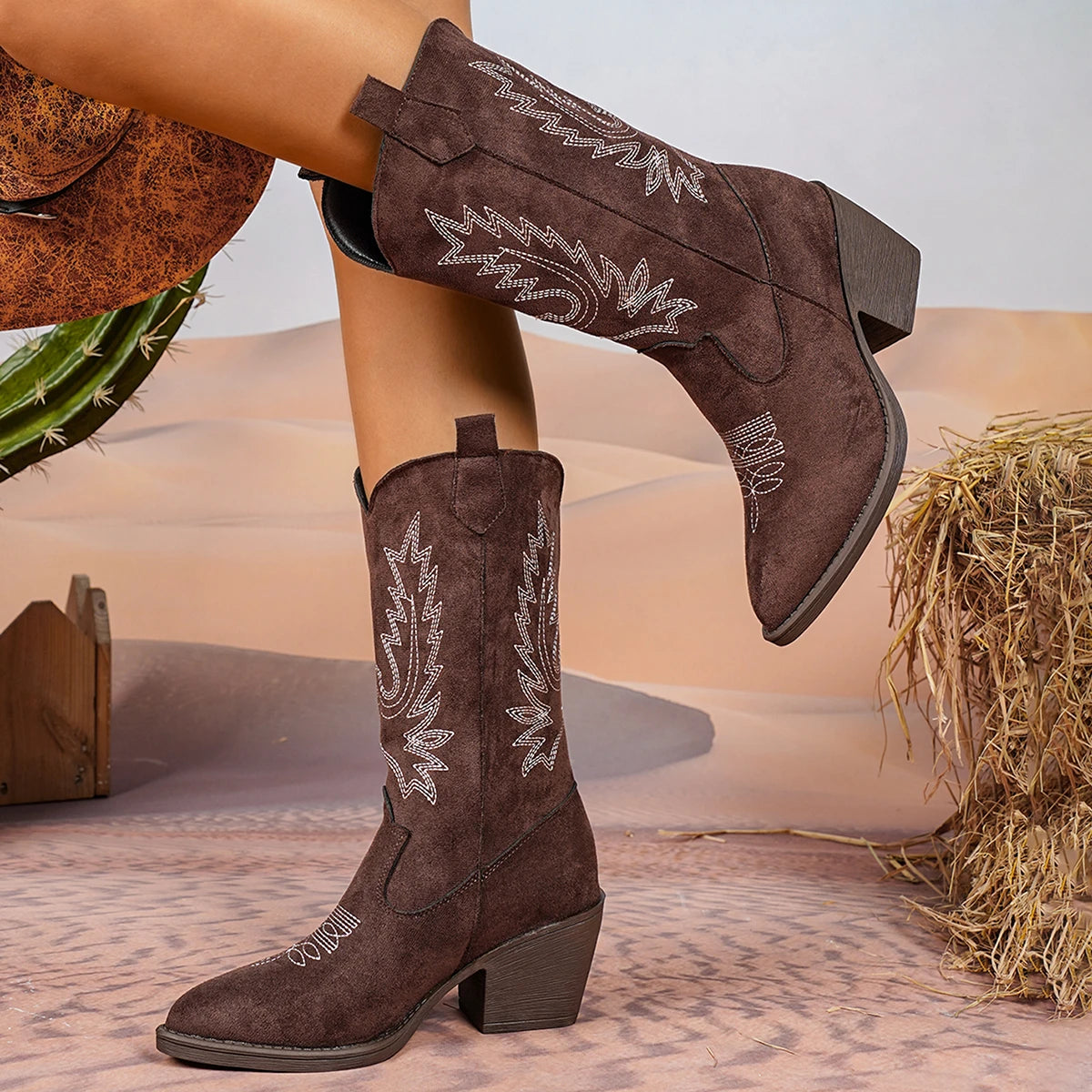 Women’s Western Cowboy Boots Mid-Calf Pointed Toe Embroidered Spring & Fall