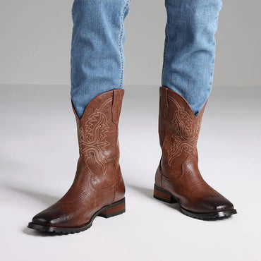 Classic Western Cowboy Boots – Handmade Embroidered Mid-Calf Pull-On Boots Vegan Leather