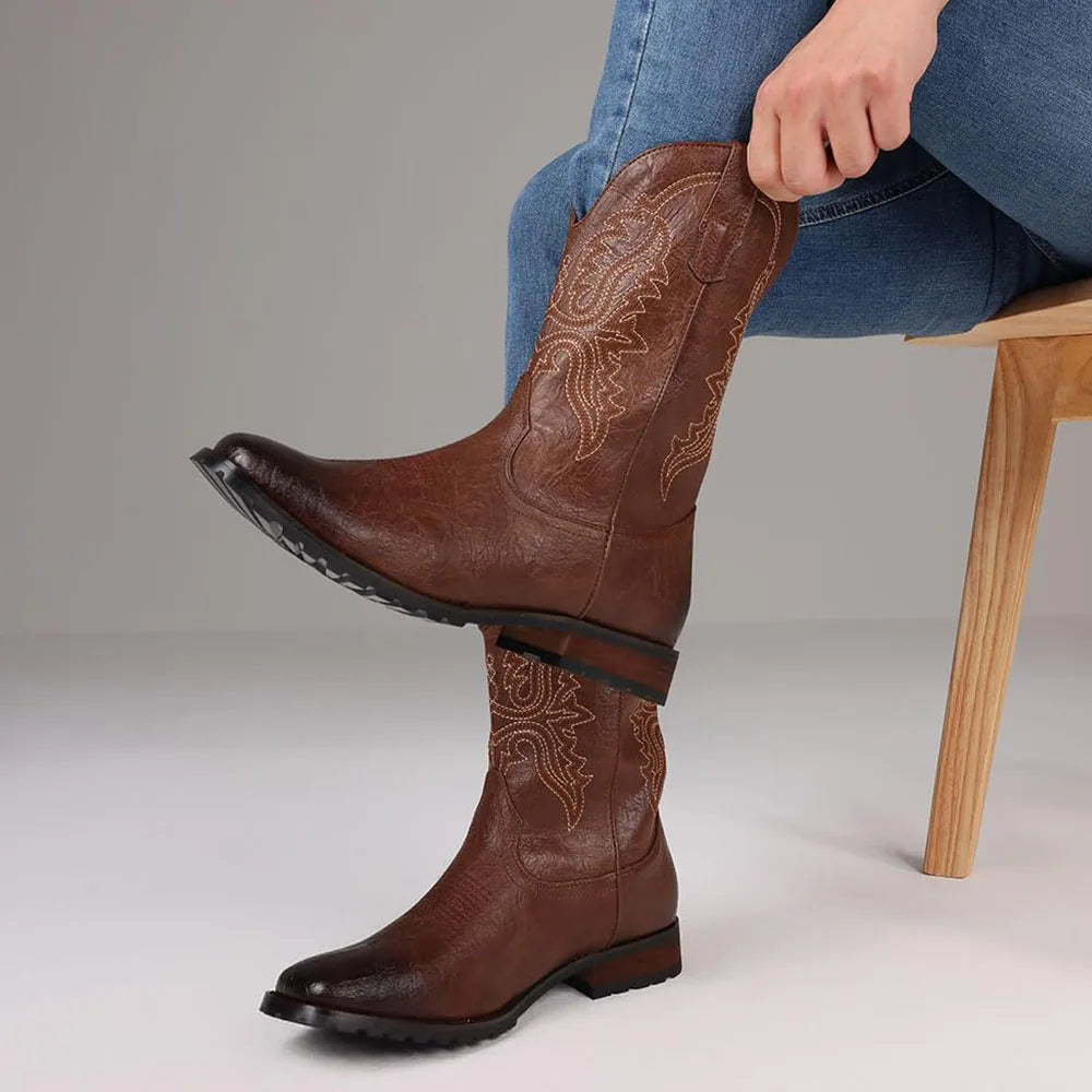 Classic Western Cowboy Boots – Handmade Embroidered Mid-Calf Pull-On Boots Vegan Leather