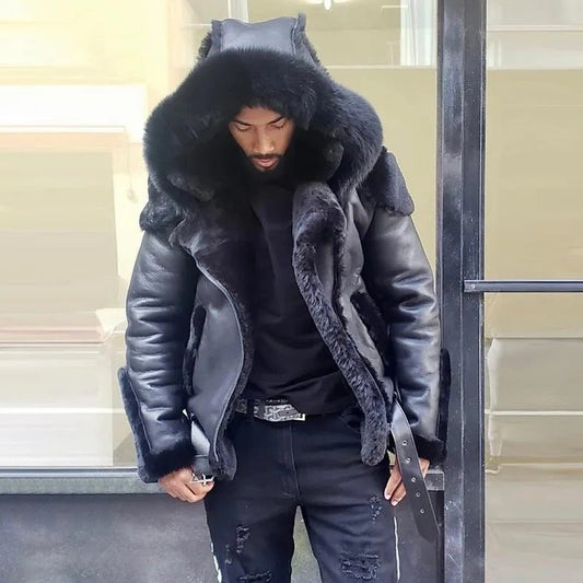 Sheepskin Leather Jacket | Man Winter Fur Hood Coat Motorcycle Jackets image 0