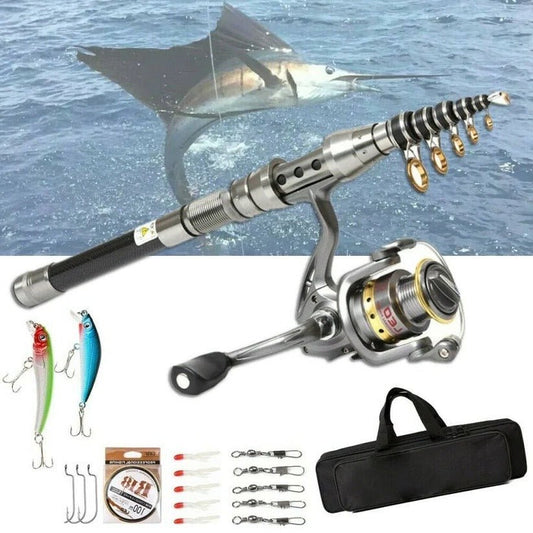 Carbon Fiber Telescopic Fishing Rod Pole Reel Combo Sea Saltwater Freshwater image 0
