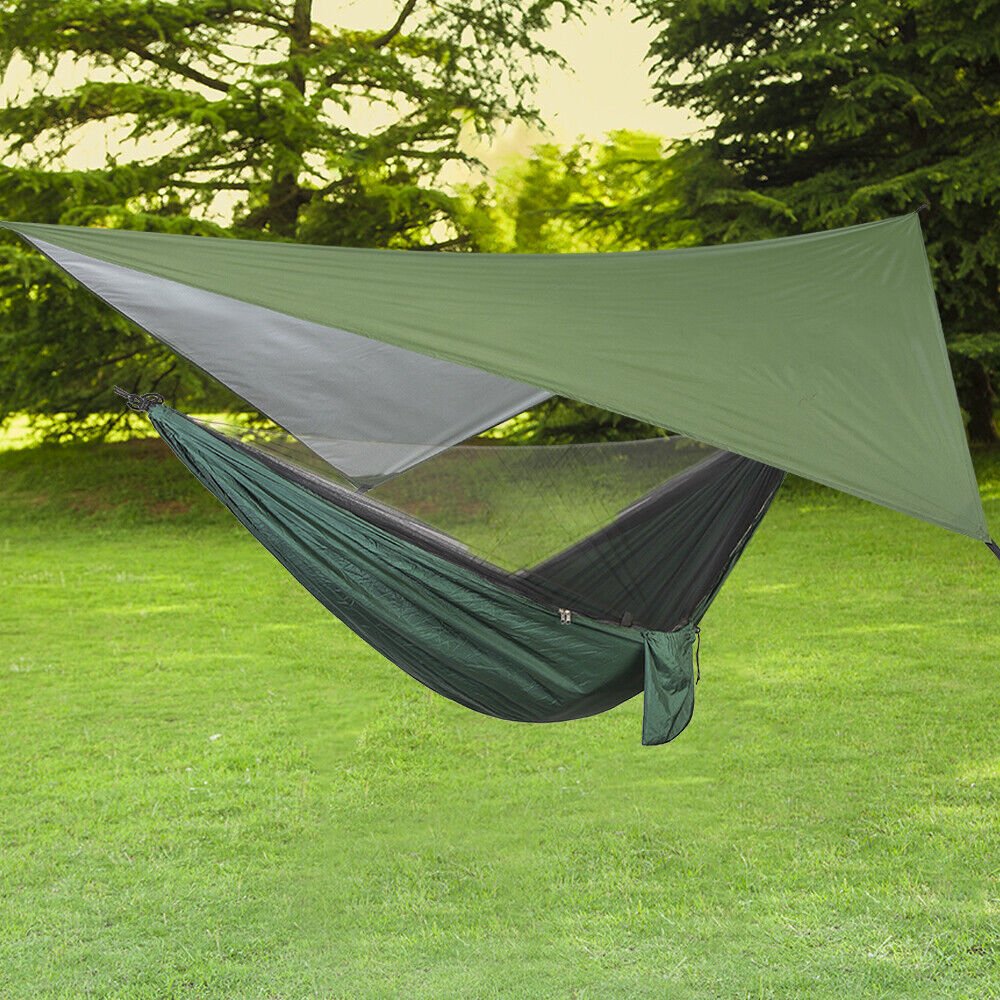 Portable Two Person Outdoor Traveler Camping Hammock Tent With Canopy - Green with Camouflage Tarp image