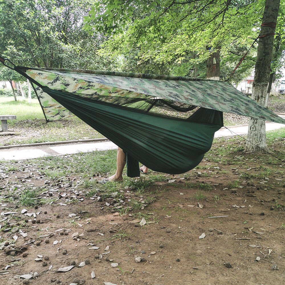 Portable Two Person Outdoor Traveler Camping Hammock Tent With Canopy - Dark Green with Green Tarp image