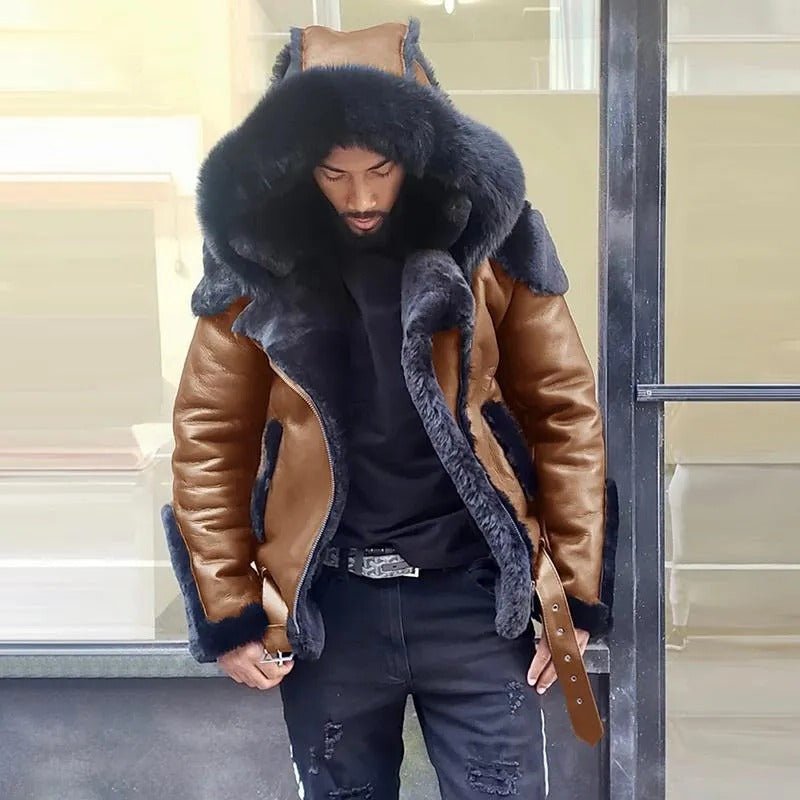 Sheepskin Leather Jacket | Man Winter Fur Hood Coat Motorcycle Jackets - Brown, M image