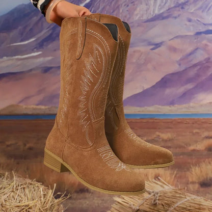 Western Embroidered Knight Cowboy Boots for Women – Retro Round Toe Mid-Calf