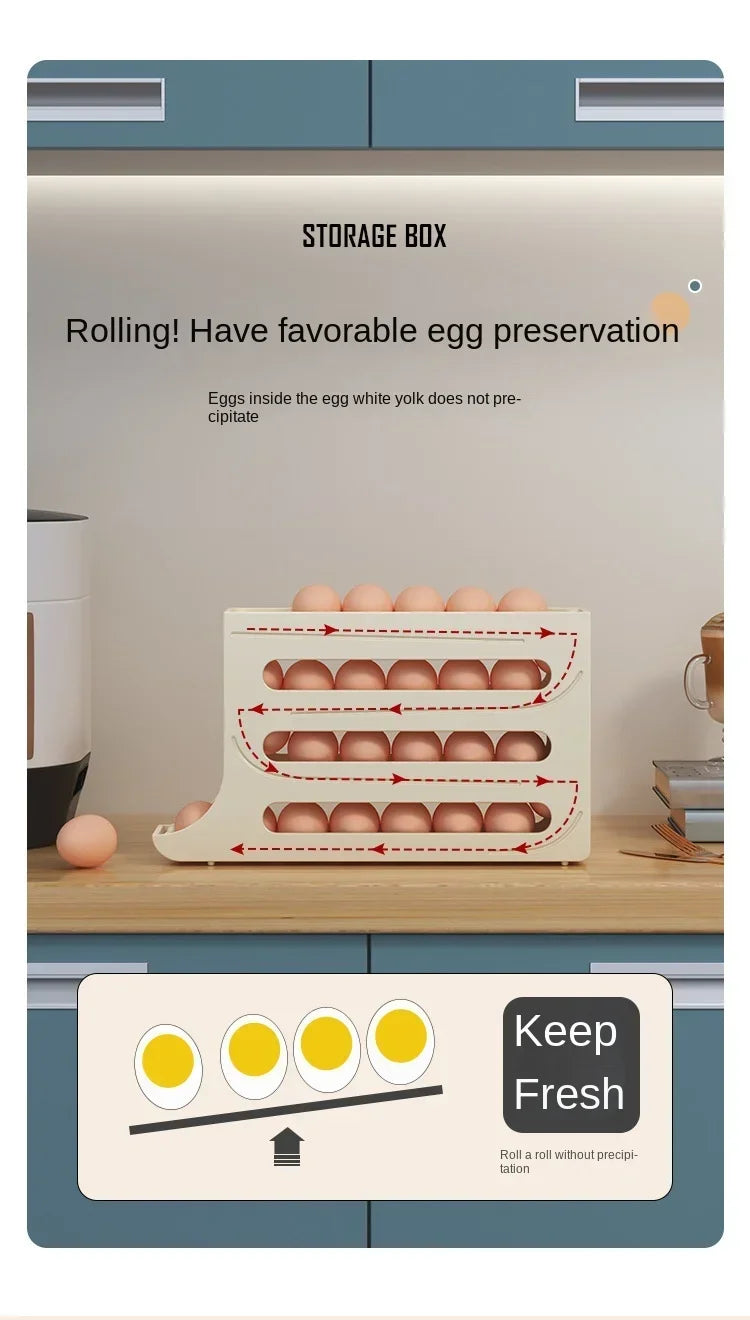 Automatic Egg Holder for Refrigerator – 4-Tier Rolling Egg Organizer