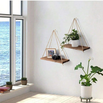 Wooden Swing Hanging Hemp Rope Wall Shelve Mounted Floating Home Living Room Plant Flower Pot Tray Storage Garden Decoration