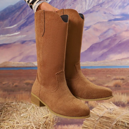 Western Embroidered Knight Cowboy Boots for Women – Retro Round Toe Mid-Calf