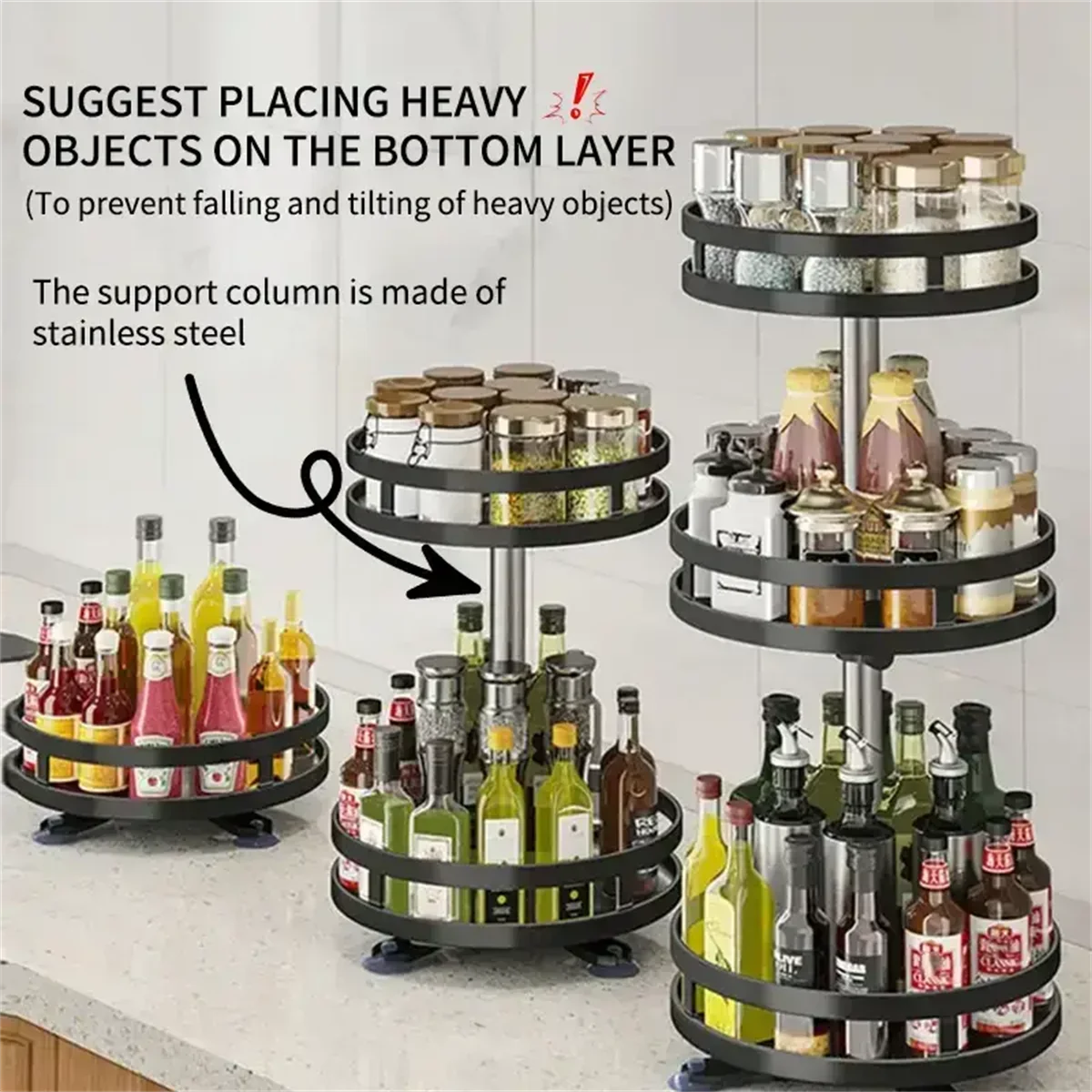 360°Rotation Spice Rack Organizer Jar Cans For Kitchen Accessories Non-Skid Carbon Steel Storage Tray For Seasonings And Spices