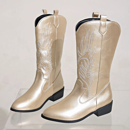Mid-Calf Women’s Western Cowboy Boots Pointed Toe Retro Fashion