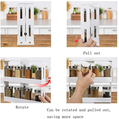 Spice Organizer Rack Multi-function 2 Tier Rotating Storage Shelf Slide Kitchen Cabinet Cupboard Organizer Kitchen Storage Rack