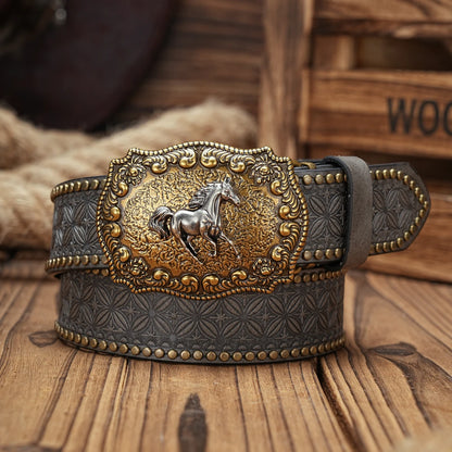 Vintage Western Horse Belt – Unisex PU Leather Belt with Ornate Metal Buckle