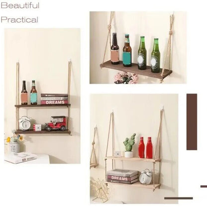 Wooden Floating Shelves for Wall Plant Flower Wood Swing Hanging Rope Storage Home Living Room Decor 1/2/3-tier
