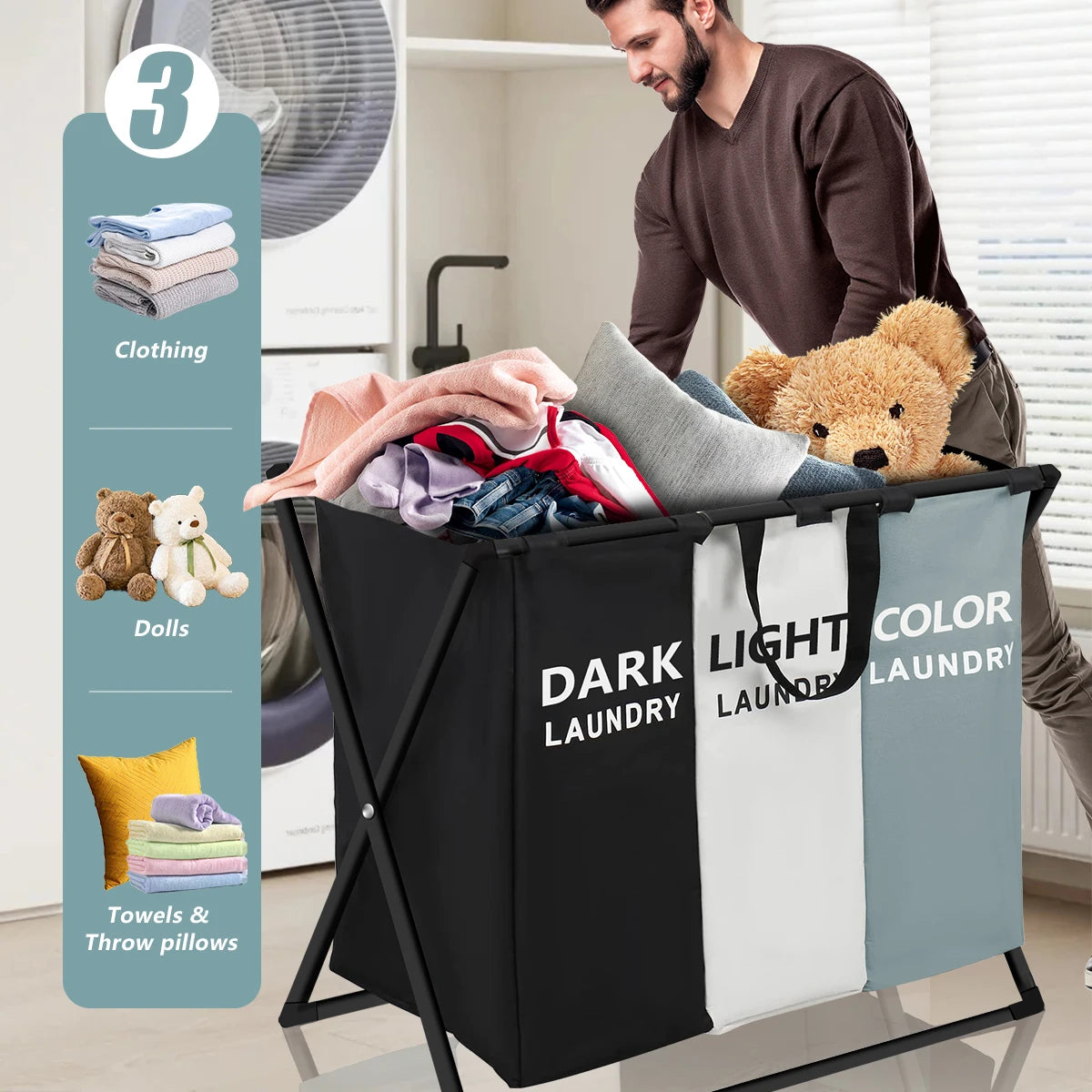 3-Section Laundry Basket – Foldable Divided Laundry Hamper