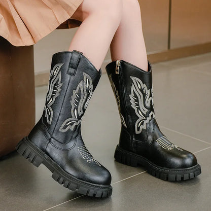 Classic Western Cowboy Boots Embroidered Long Booties for Girls