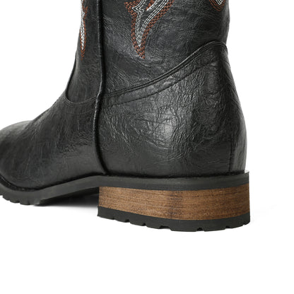 Classic Western Cowboy Boots – Handmade Embroidered Mid-Calf Pull-On Boots Vegan Leather
