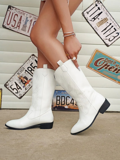 Mid-Calf Women’s Western Cowboy Boots Pointed Toe Retro Fashion
