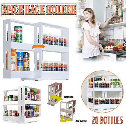 Spice Organizer Rack Multi-function 2 Tier Rotating Storage Shelf Slide Kitchen Cabinet Cupboard Organizer Kitchen Storage Rack