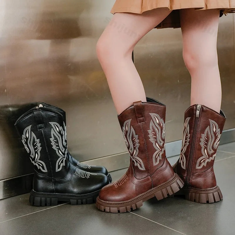 Classic Western Cowboy Boots Embroidered Long Booties for Girls