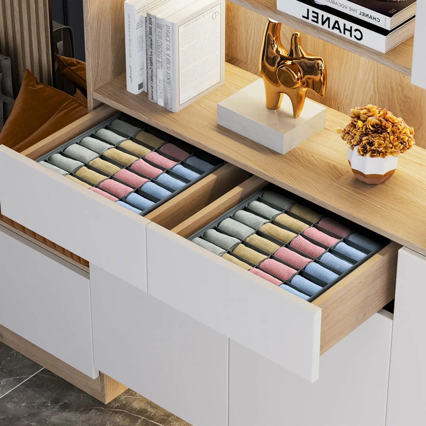 Sock Drawer Organizer Divider Underwear 24 Cell Closet Organizers Holders for Storing Socks Handkerchiefs Ties Belts