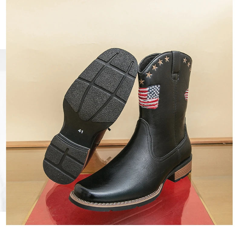 Patriotic Western Cowboy Boots for Men – Vintage Leather Look, Zipper Closure Vegan Leather