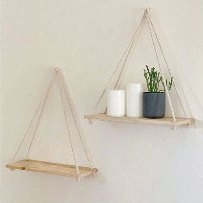 Wooden Swing Hanging Hemp Rope Wall Shelve Mounted Floating Home Living Room Plant Flower Pot Tray Storage Garden Decoration
