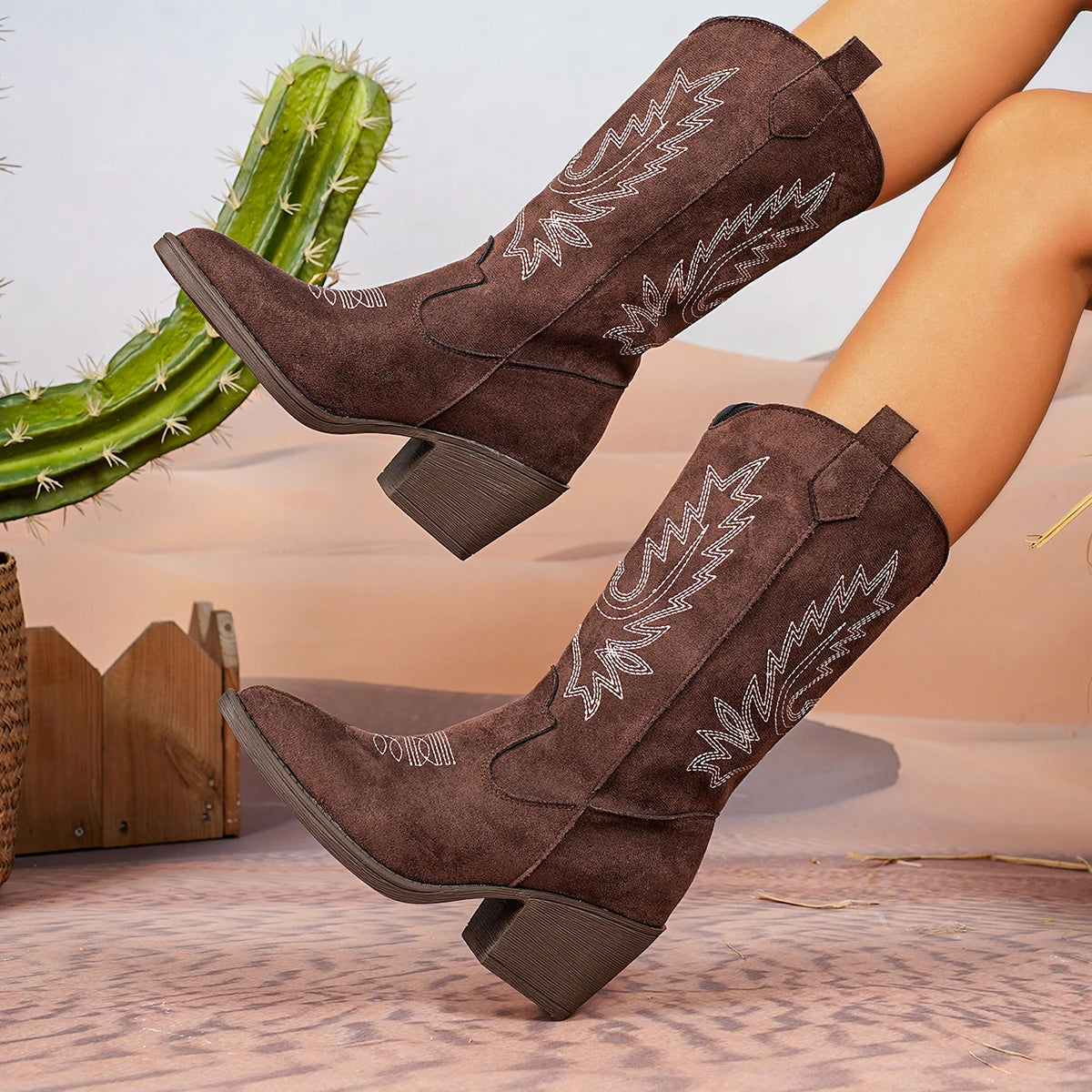 Women’s Western Cowboy Boots Mid-Calf Pointed Toe Embroidered Spring & Fall