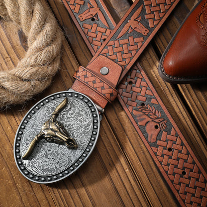 Vintage Western Bull Head Belt Men and Women with Embossed Alloy Buckle