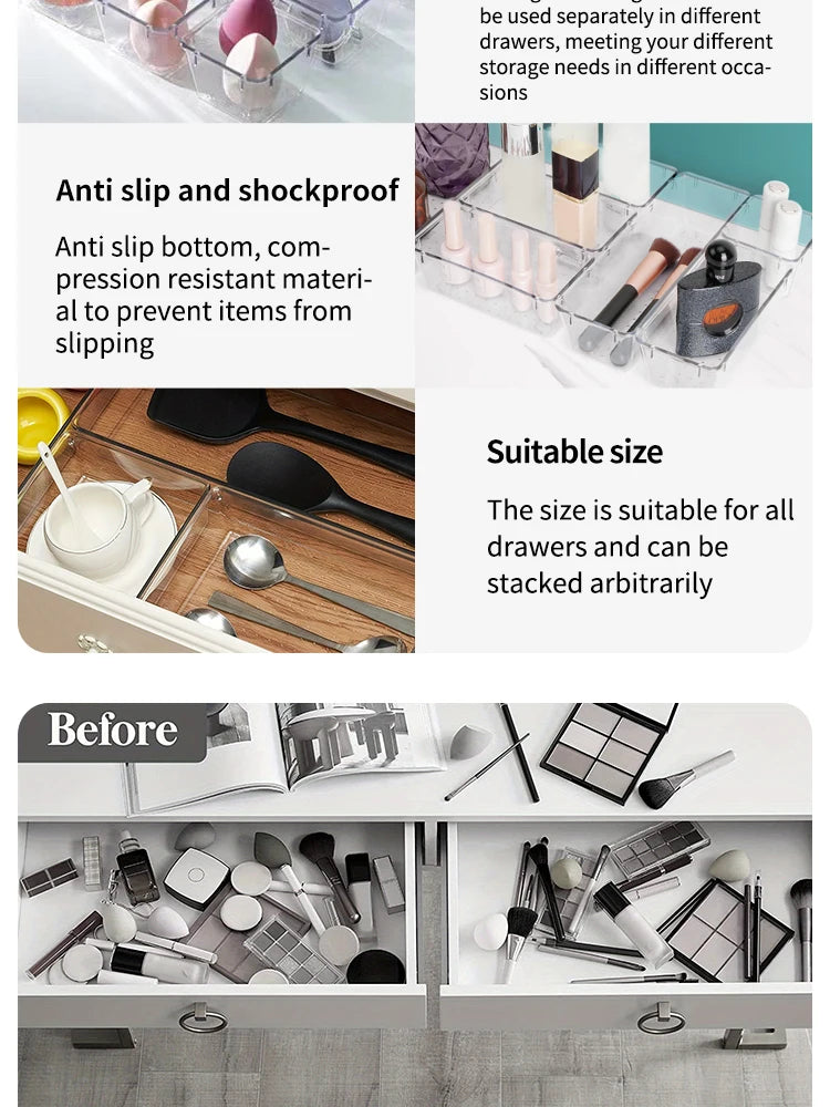7/14 Pcs Drawer Organizers Set Clear Plastic Desk Dividers Bins Bedroom Dresser Office Storage Box for Makeup Jewelries Gadgets