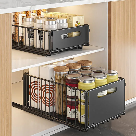 Pull-Out Kitchen Cabinet Storage Rack – No-Drill Organizer Basket