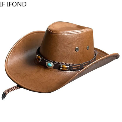 Faux Leather Western Cowboy Hat – Vintage Panama Style for Men & Women
