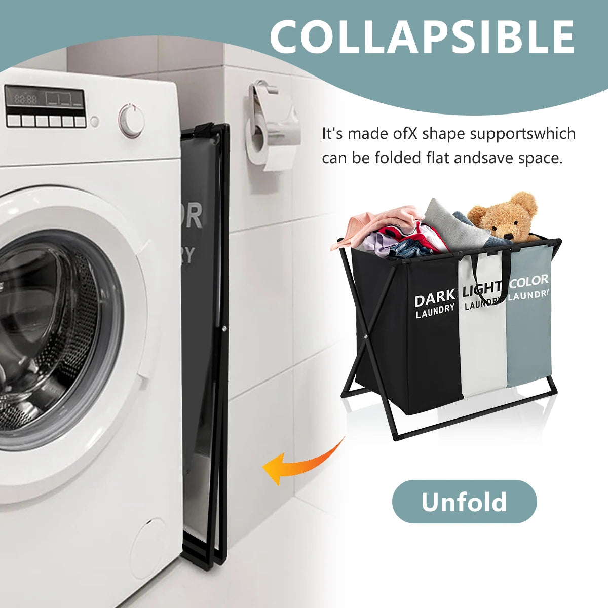 3-Section Laundry Basket – Foldable Divided Laundry Hamper