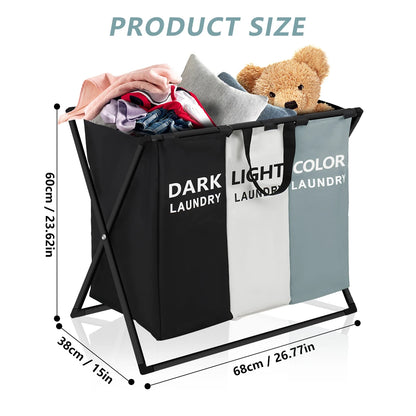 3-Section Laundry Basket – Foldable Divided Laundry Hamper