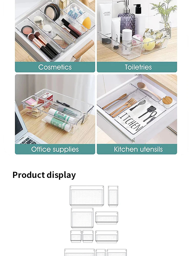 7/14 Pcs Drawer Organizers Set Clear Plastic Desk Dividers Bins Bedroom Dresser Office Storage Box for Makeup Jewelries Gadgets