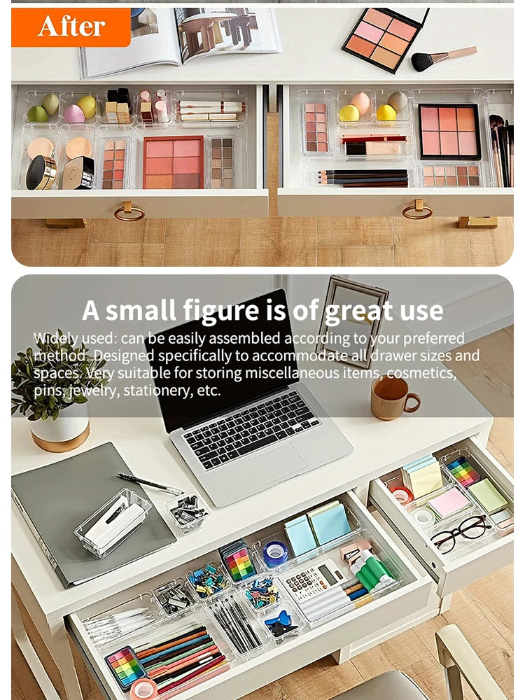 7/14 Pcs Drawer Organizers Set Clear Plastic Desk Dividers Bins Bedroom Dresser Office Storage Box for Makeup Jewelries Gadgets