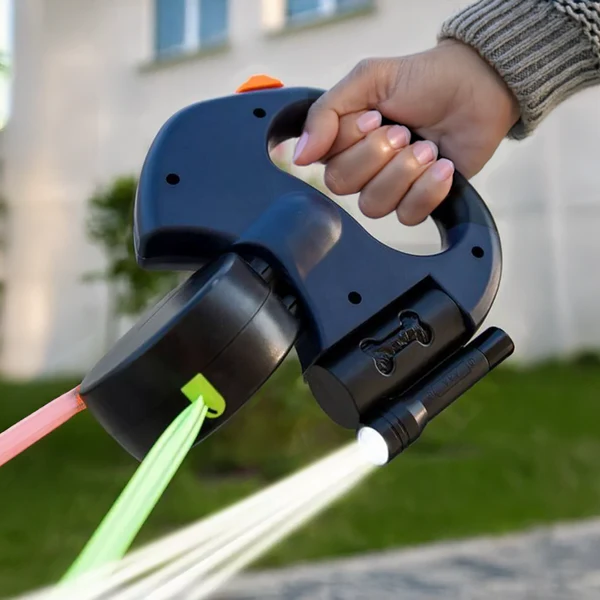 Dual Retractable Dog Leash with Flashlight & Waste Bag Holder image 0