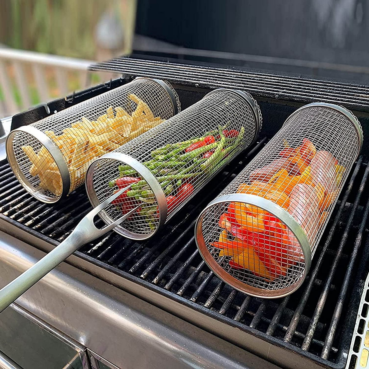 Stainless Steel Rolling BBQ Grill Basket image 1