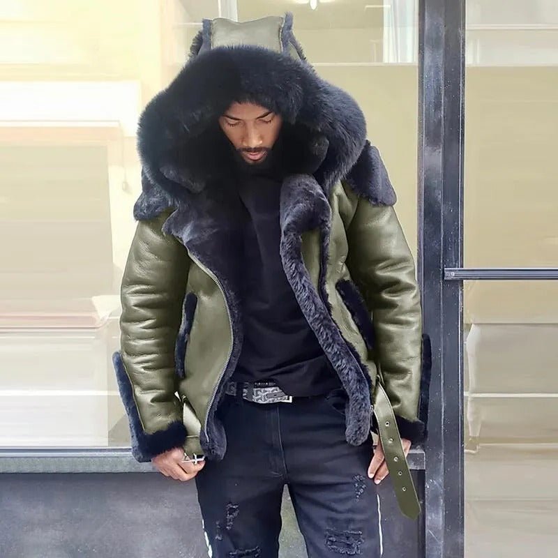 Sheepskin Leather Jacket | Man Winter Fur Hood Coat Motorcycle Jackets - Green, 3XL image