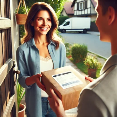 Lady receiving her baby product parcel from delivery boy