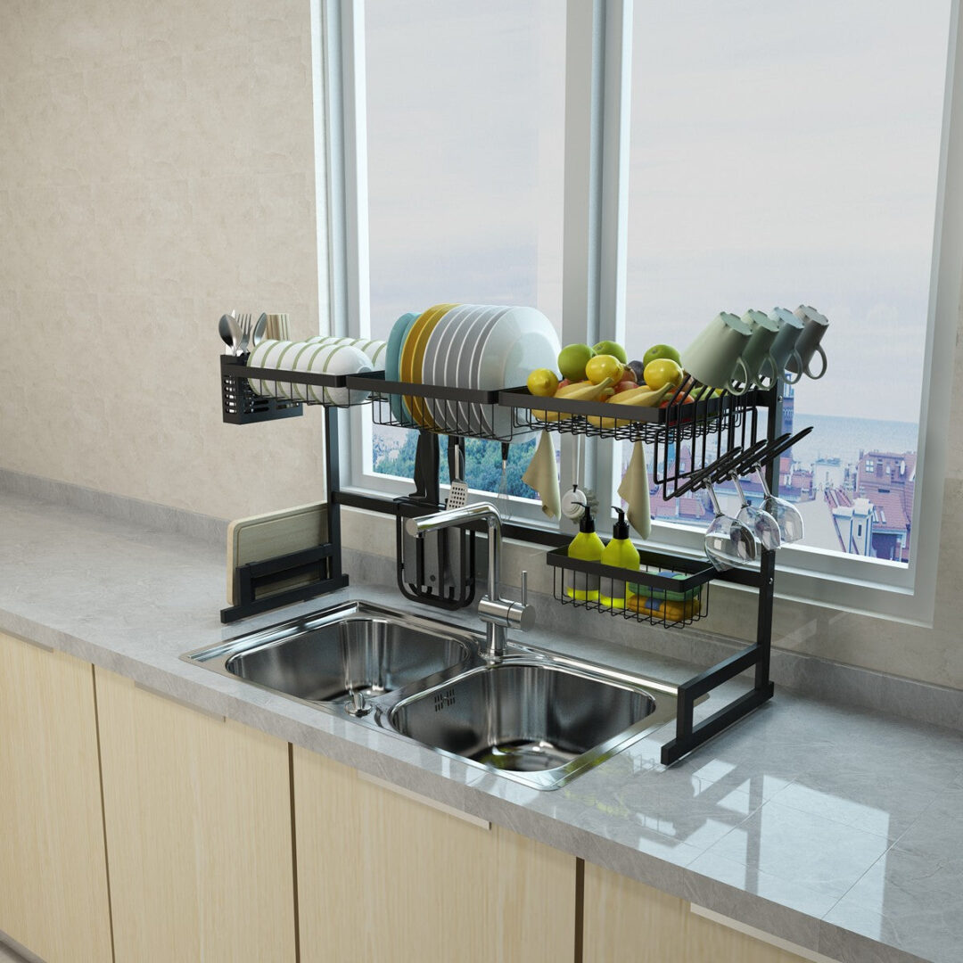 34.6" Stainless Steel Black Dish Drying Rack Over Kitchen Sink, Dishes and Utensils Draining Shelf - Image 8